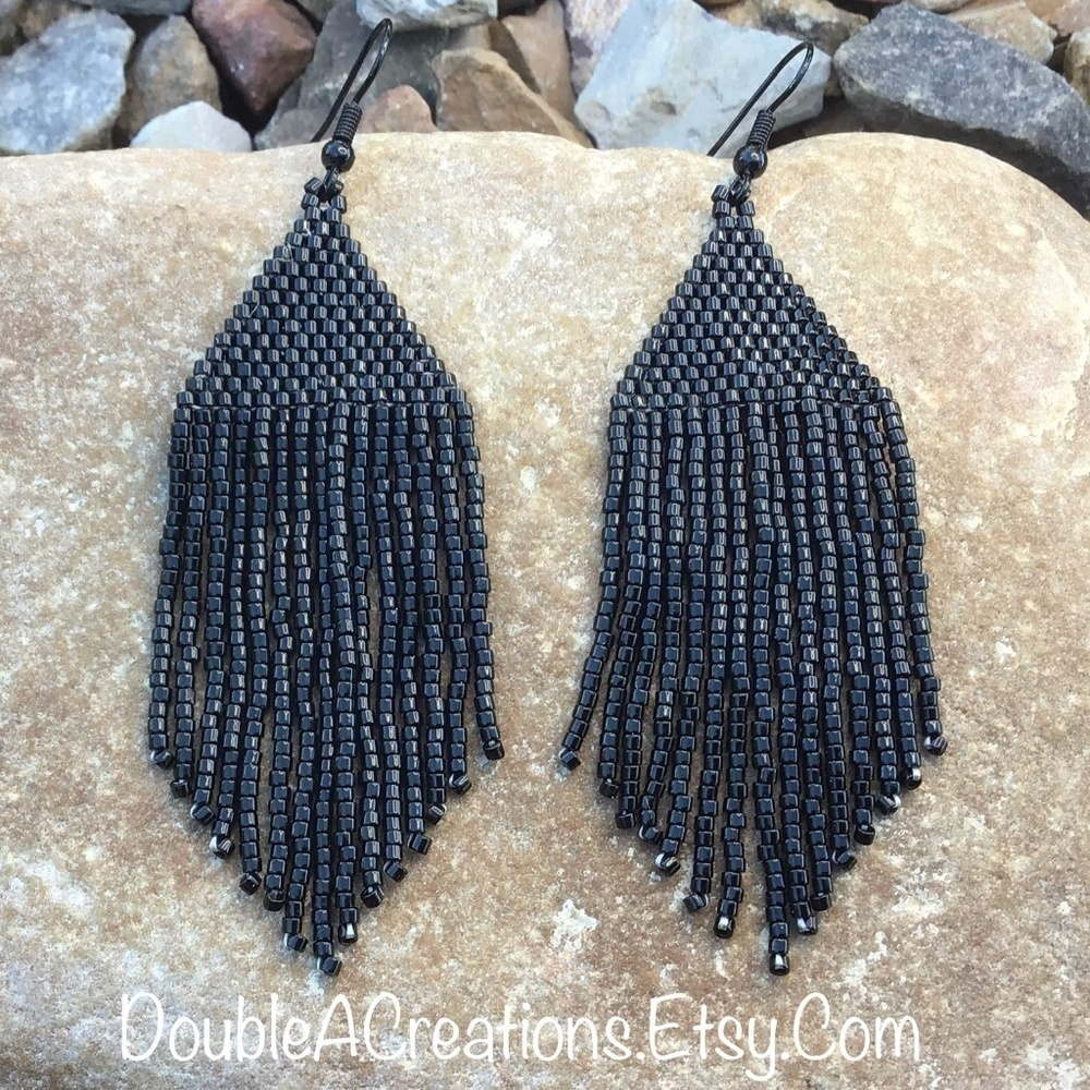 Black Beaded Earrings With Fringe, New, Handmade by Me